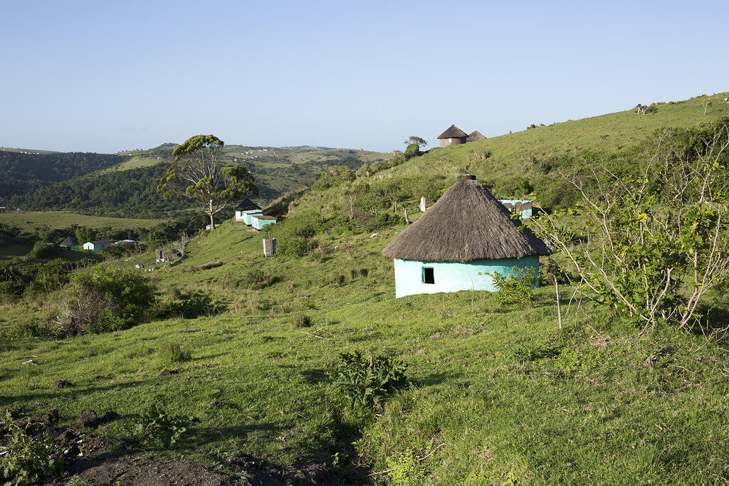 Rolling green hills and a rondavel on the Wild Coast